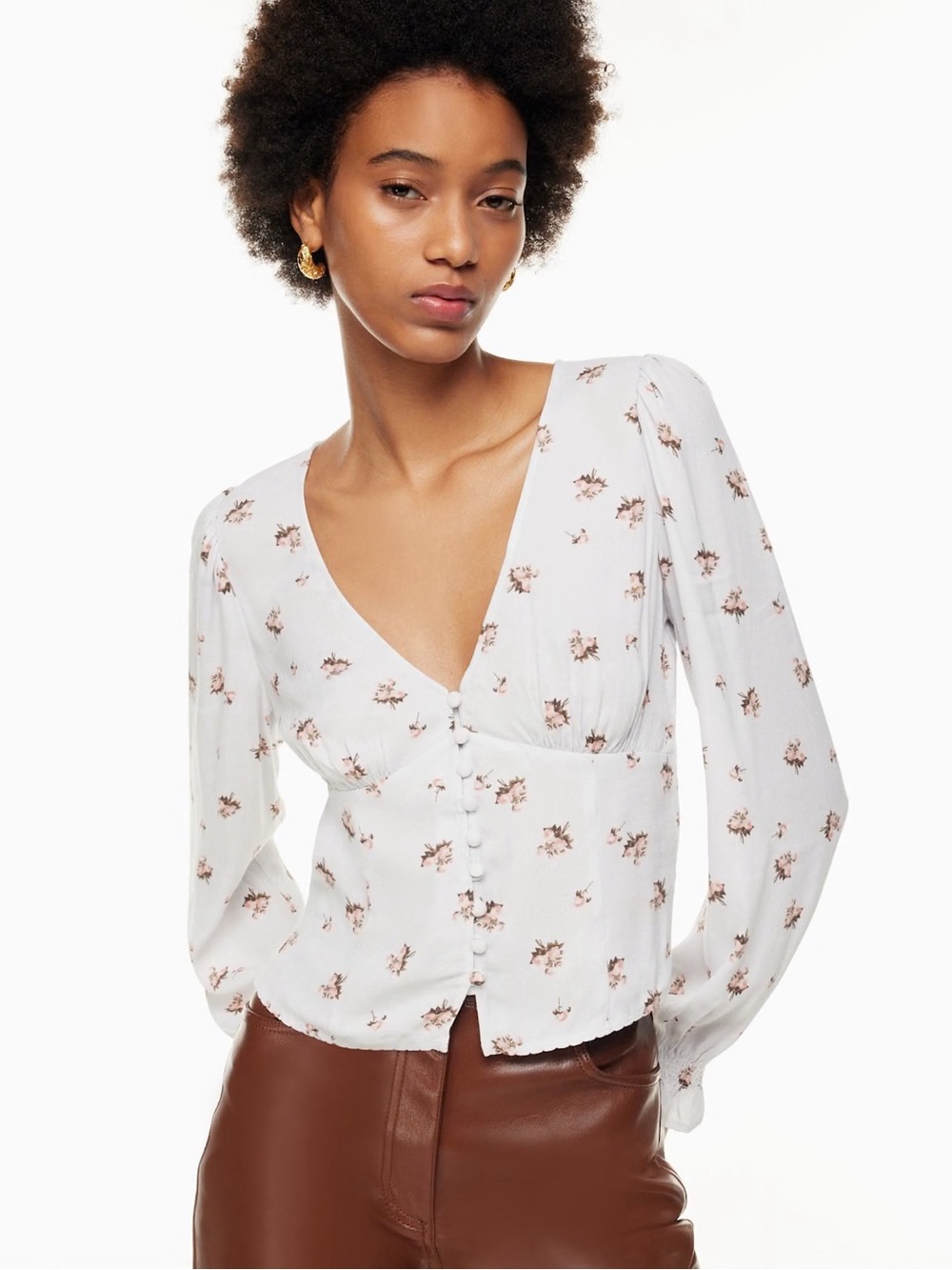 Aritzia Wilfred Spellbound Floral Crepe V-Neck Puff Sleeve Blouse Size Large